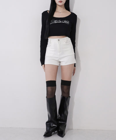 レタリングロゴ刺繍スクエアネックショートリブニットトップス ／ lettering logo embroidery square neck short rib knit tops