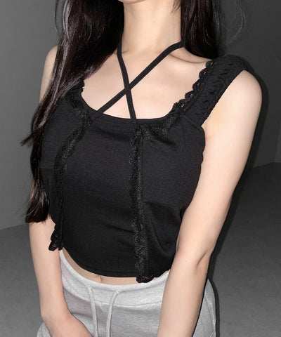 フロントリボンレイヤードリブキャミタンク ／ front ribbon layered lib camisole tank