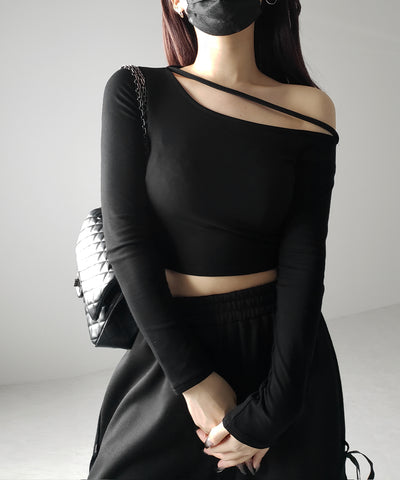 【 ３color 】ストラップワンショルダーショートカットソートップス ／ strap one shoulder short cutsew tops