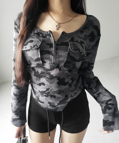ヴィンテージカモフラアウトポケットジップロンT ／ vintage camouflage out pocket zip longsleeve T-shirt