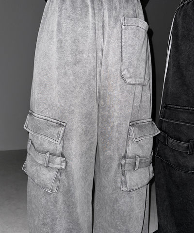 【 裾絞り可能２WAY 】サイドラインピグメントワイドカーゴスウェットパンツ ／ sideline pigment wide cargo sweatpants