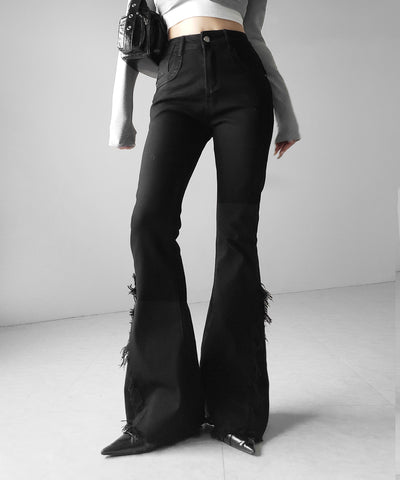 ヴィンテージライクフリンジストレッチフレアデニム ／ Vintage-like fringe stretch flare denim