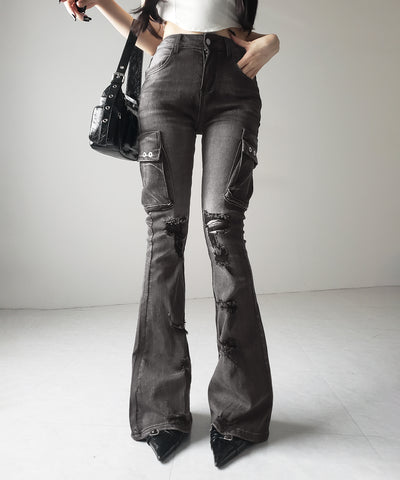 【 ２color ／ ４size 】カーゴデザインヴィンテージライクダメージストレッチフレアデニム ／ cargo design vintage-like damage stretch flare denim