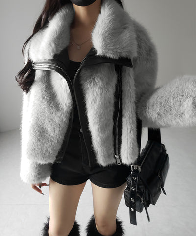 【 ２WAY 】ジップアップレザードッキングフェイクファーコート ／ zip up leather docking fake fur coat