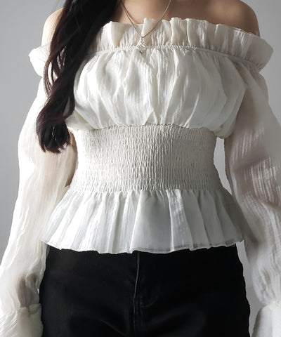 【 ２color ／ ２WAY 】ウエストシャーリングシアーフリルオフショルブラウス ／ waist shirring sheer frill off shoulder blouse