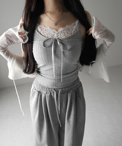 【 ３color ／ カップ付き 】フロントリボンレースドッキングキャミソール ／front ribbon lace docking camisole