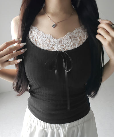【 ３color ／ カップ付き 】フロントリボンレースドッキングキャミソール ／front ribbon lace docking camisole