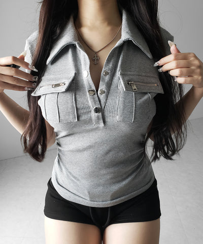 アウトポケットポロネックリブカットソートップス ／ out pocket polo neck rib cutsew tops