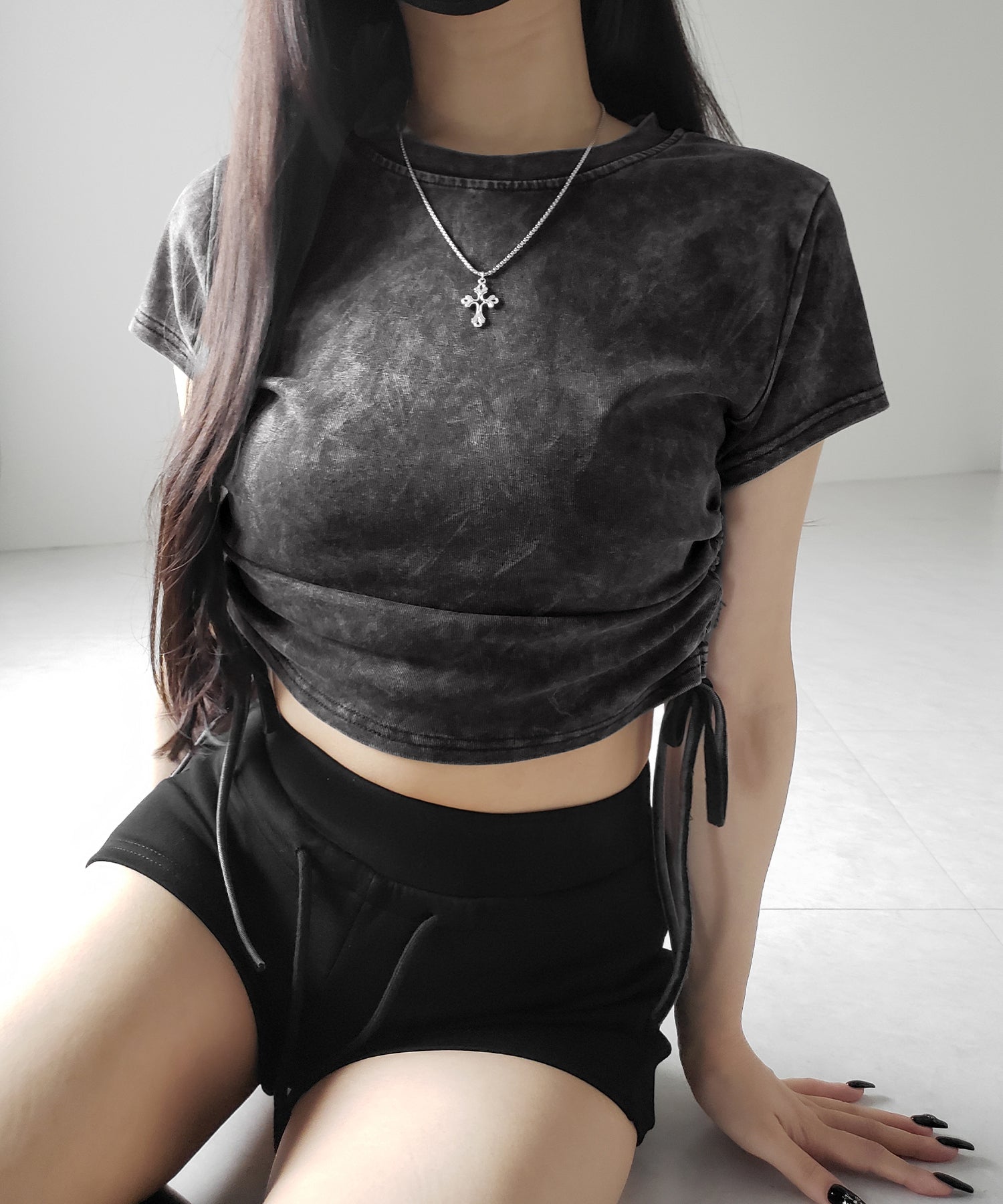 【 ２color 】サイドシャーリングリボンヴィンテージショートTシャツ ／ side shirring ribbon vintage short T-shirt