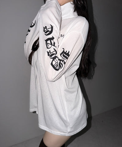 グランジロゴスタンドジップアップオーバーシアートップス ／ grunge logo stand zipup over sheer tops