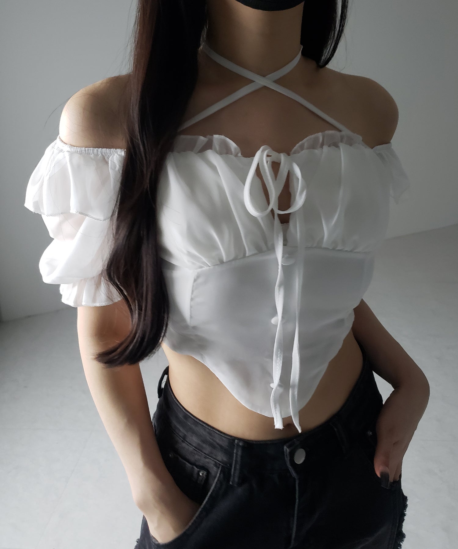 【 ２color ／ ２WAY 】フロントリボンクロスネック半袖シフォンブラウス ／ front ribbon cross neck short sleeve chiffon blouse
