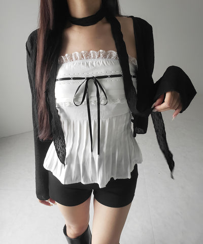 【 ２color 】フロントリボンレースフレアベアトップ ／ front ribbon lace flare bare top