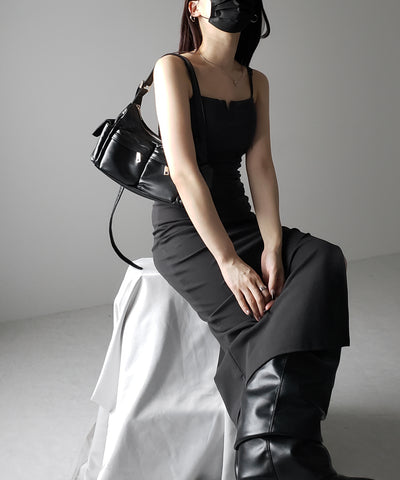 【 パッド付き 】バックストラップサイドシャーリングスリットロングキャミワンピース ／ back strap side shirring slit long cami onepiece