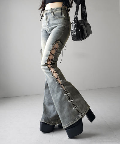 レースアップカットアウトストレッチフレアデニム ／ lace up cutout stretch flare denim