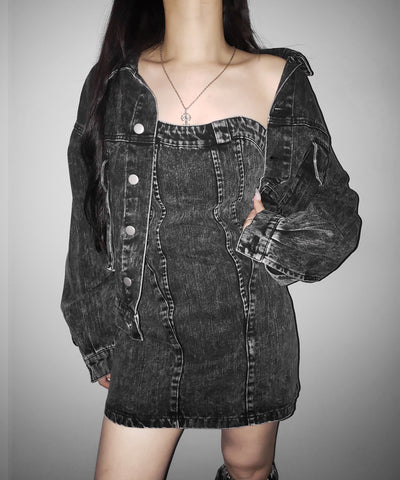 【 デニムセットアップ着用可能 】２WAYヴィンテージケミカルブリーチデニムベアミニワンピース ／ vintage chemical bleach denim bare mini onepiece