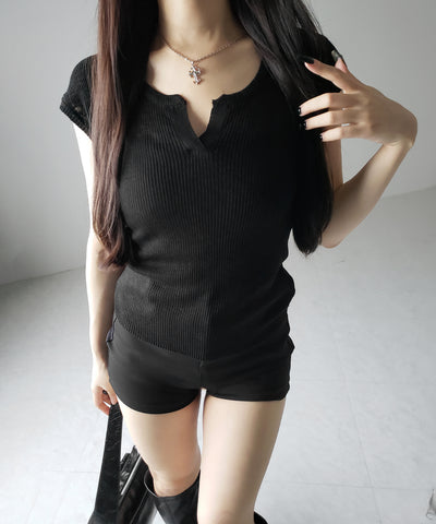 【 ２color 】キーネックルーズシアーリブニットトップス ／ key neck loose sheer rib knit tops