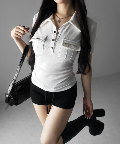 アウトポケットポロネックリブカットソートップス ／ out pocket polo neck rib cutsew tops