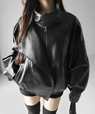 ヴィンテージフェイクレザースタンドカラージップアップブルゾン ／ 2WAY vintage fake leather stand collar zipup blouson