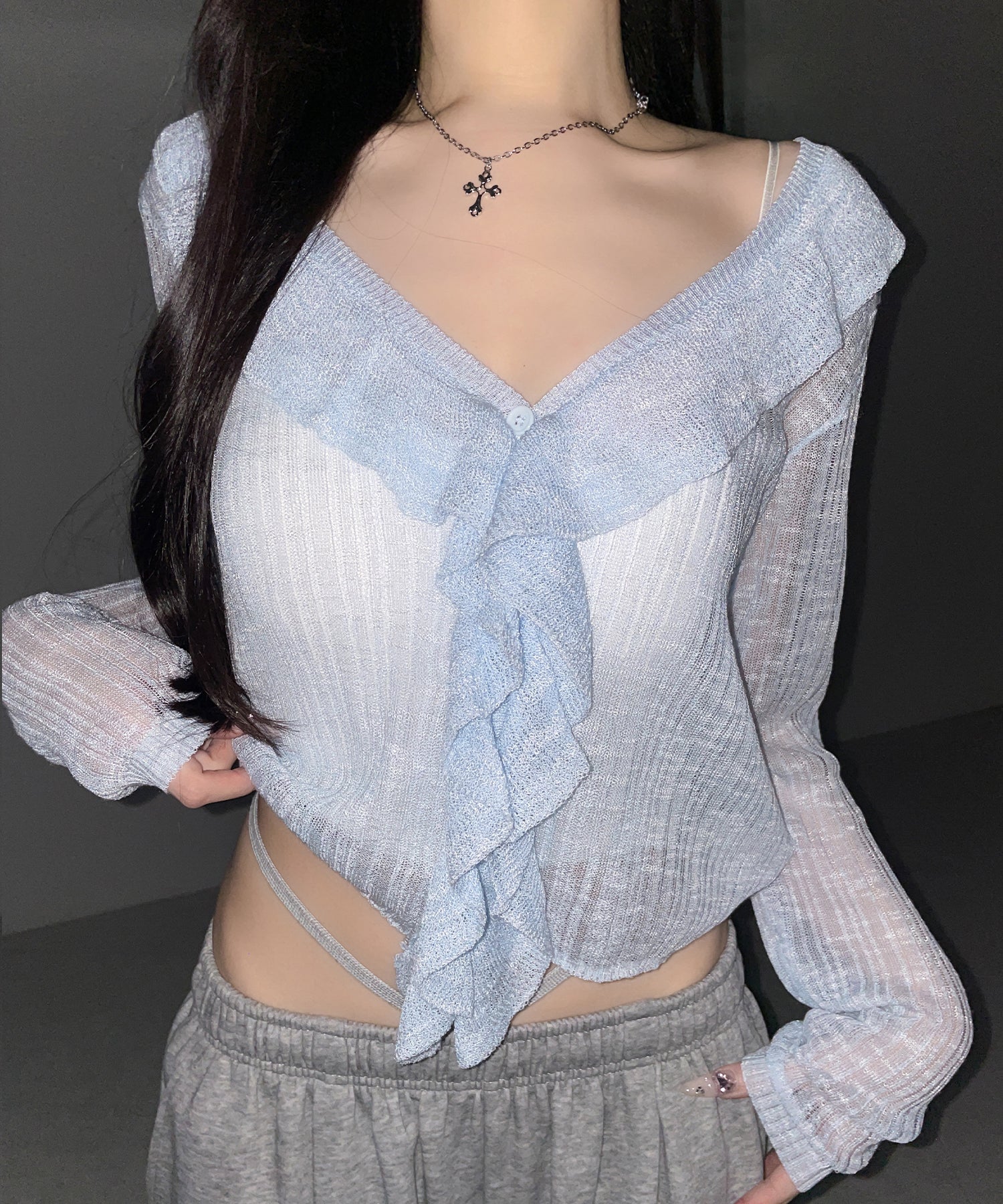 フリルシアールーズニットカーディガン ／ frill sheer loose knit cardigan
