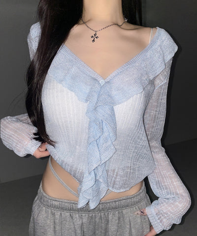 フリルシアールーズニットカーディガン ／ frill sheer loose knit cardigan
