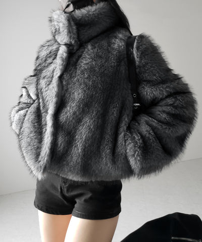スタンドカラーミックスファーショートコート ／ stand-collar mix fur short coat
