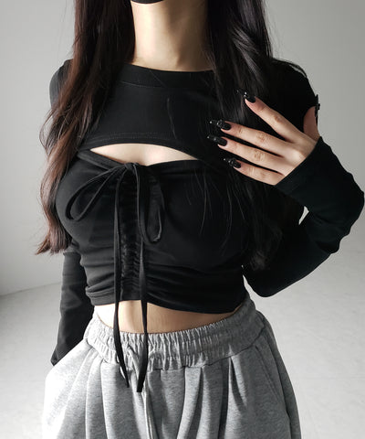 【 ２点セット 】フロントリボンベアトップス ＆ ショートレイヤードトップス SET ／ front ribbon bare tops & short layered tops SET