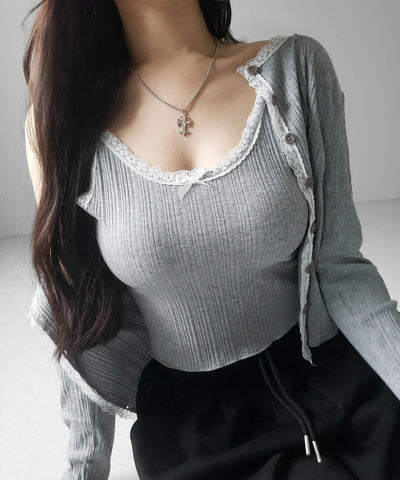 【 ２点セット 】フロントリボンレース切替リブキャミソール ＋ カーディガンセット ／front ribbon lace lib camisole + cardigan SET
