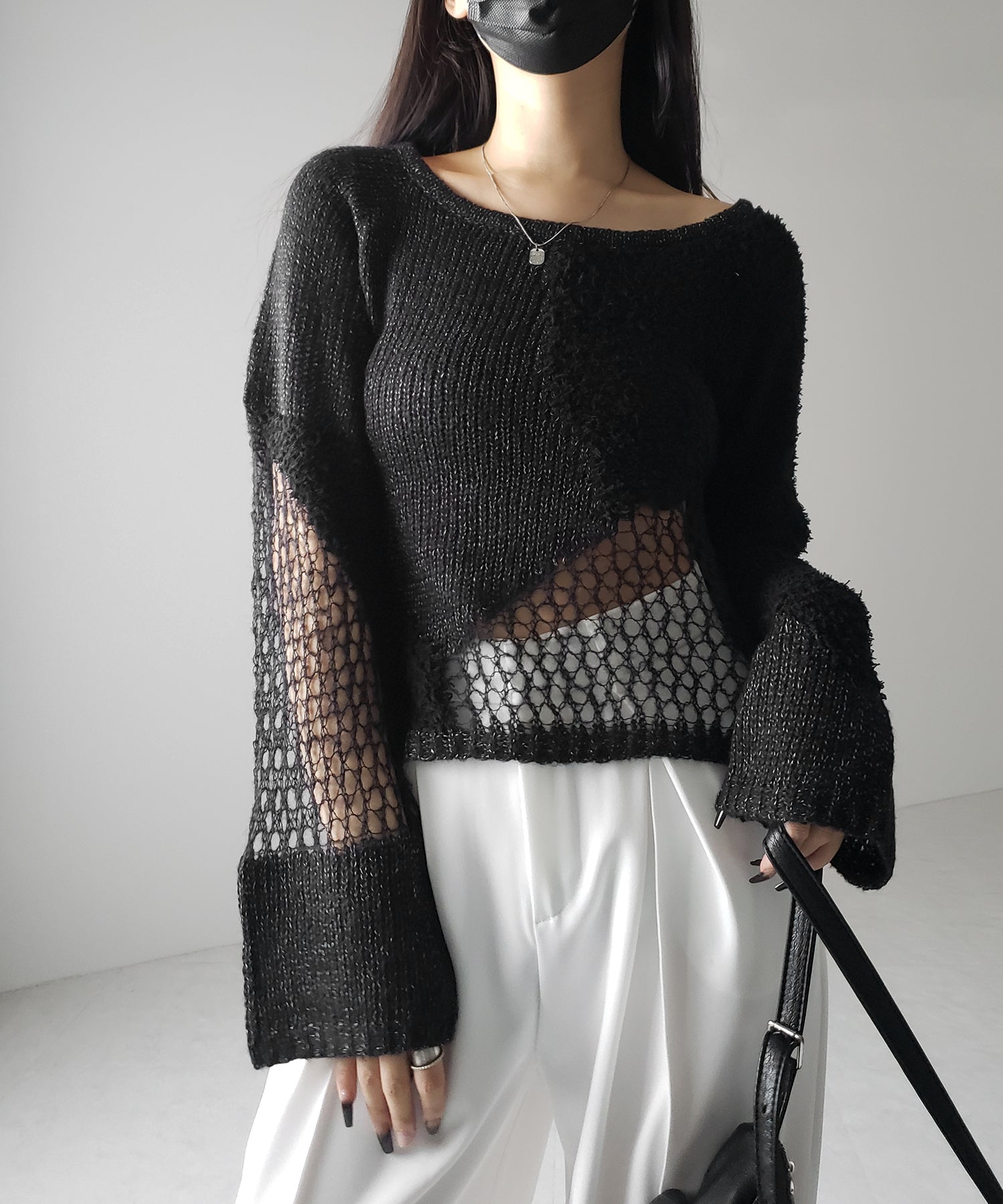 【 ２color 】異素材ドッキングスカシアミニットトップス ／ mixed material docking openwork knit tops