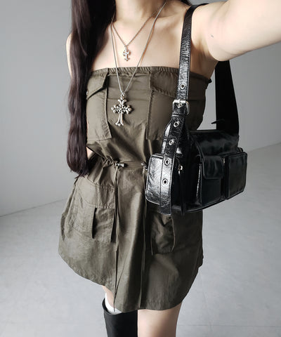 【 ２color 】アウトポケットナイロンカーゴミニワンピ ／out pocket nylon cargo mini onepiece