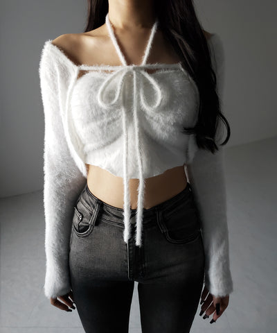 【 ２点セット 】シャギーリボンベアトップス ＆ ショートシャギーカーディガン SET ／ Shaggy ribbon bare tops & short shaggy cardigan