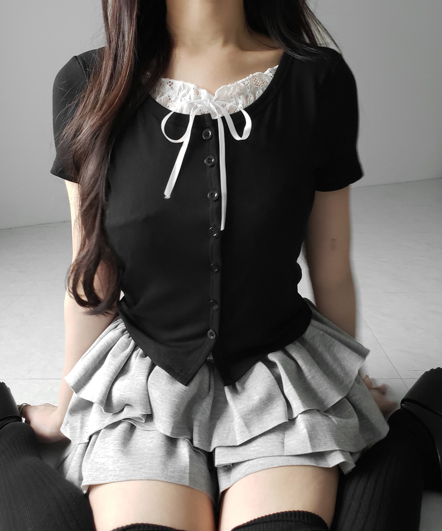 フロントリボンレースレイヤード半袖リブトップス ／front ribbon lace layered short sleeve rib tops