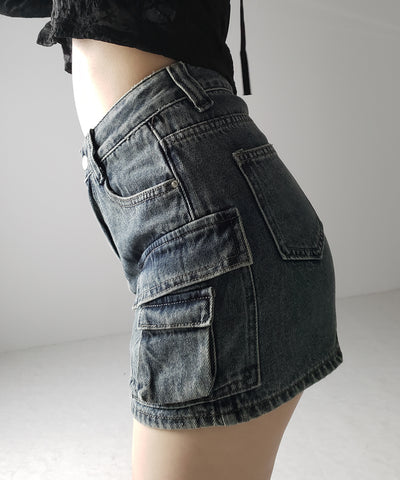 【 ３size ／ ２color 】ダブルポケットヴィンテージカーゴデニムミニスカパン ／ double pocket vintage cargo denim mini skirt pants