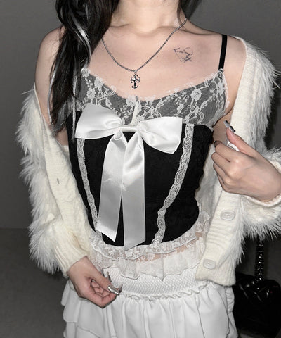 フロントサテンリボンレースキャミビスチェ ／ front satin ribbon lace cami bustier