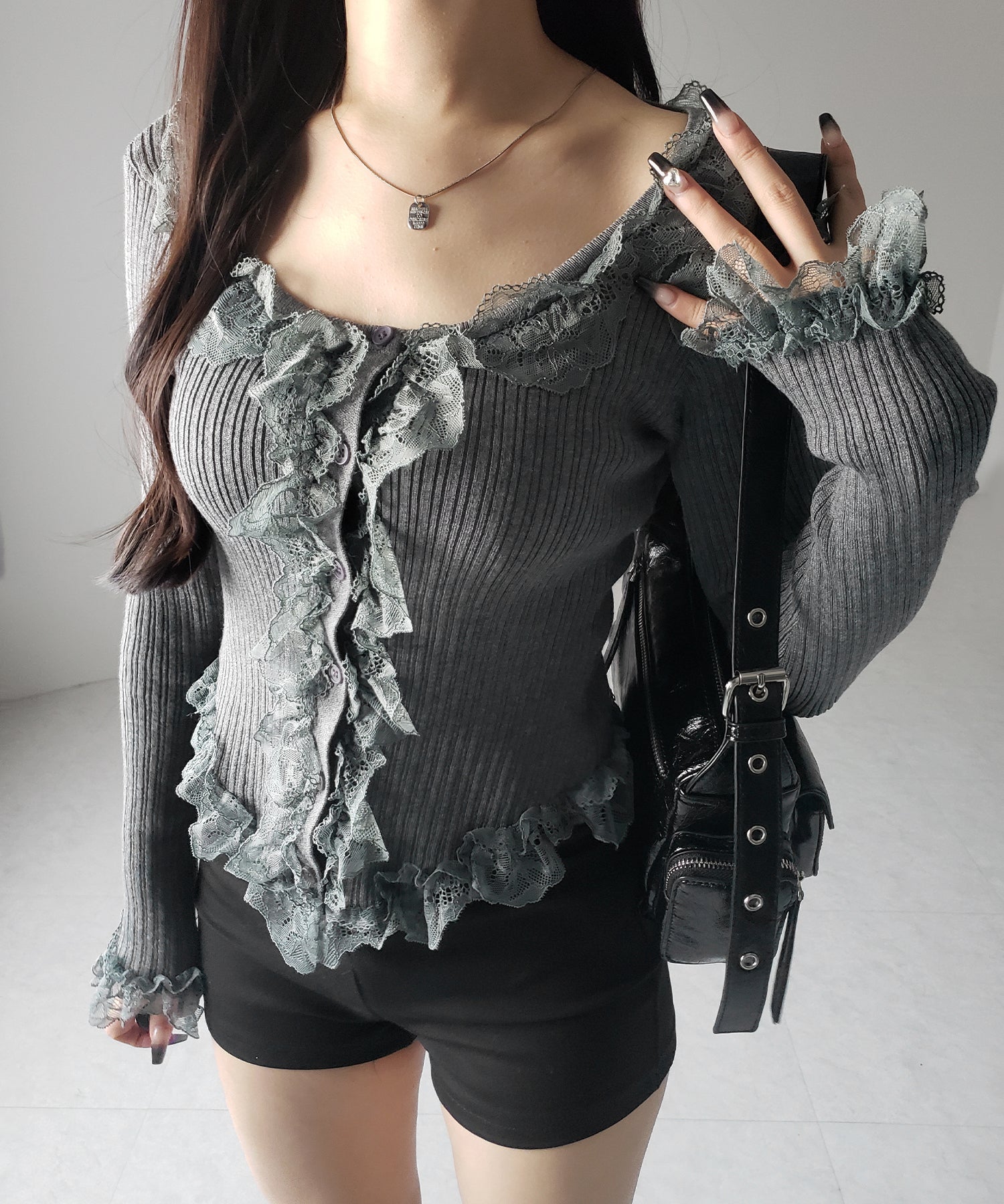 【 ３color 】レースフリルドッキングリブニットカーディガン ／ lace frill docking rib knit cardigan
