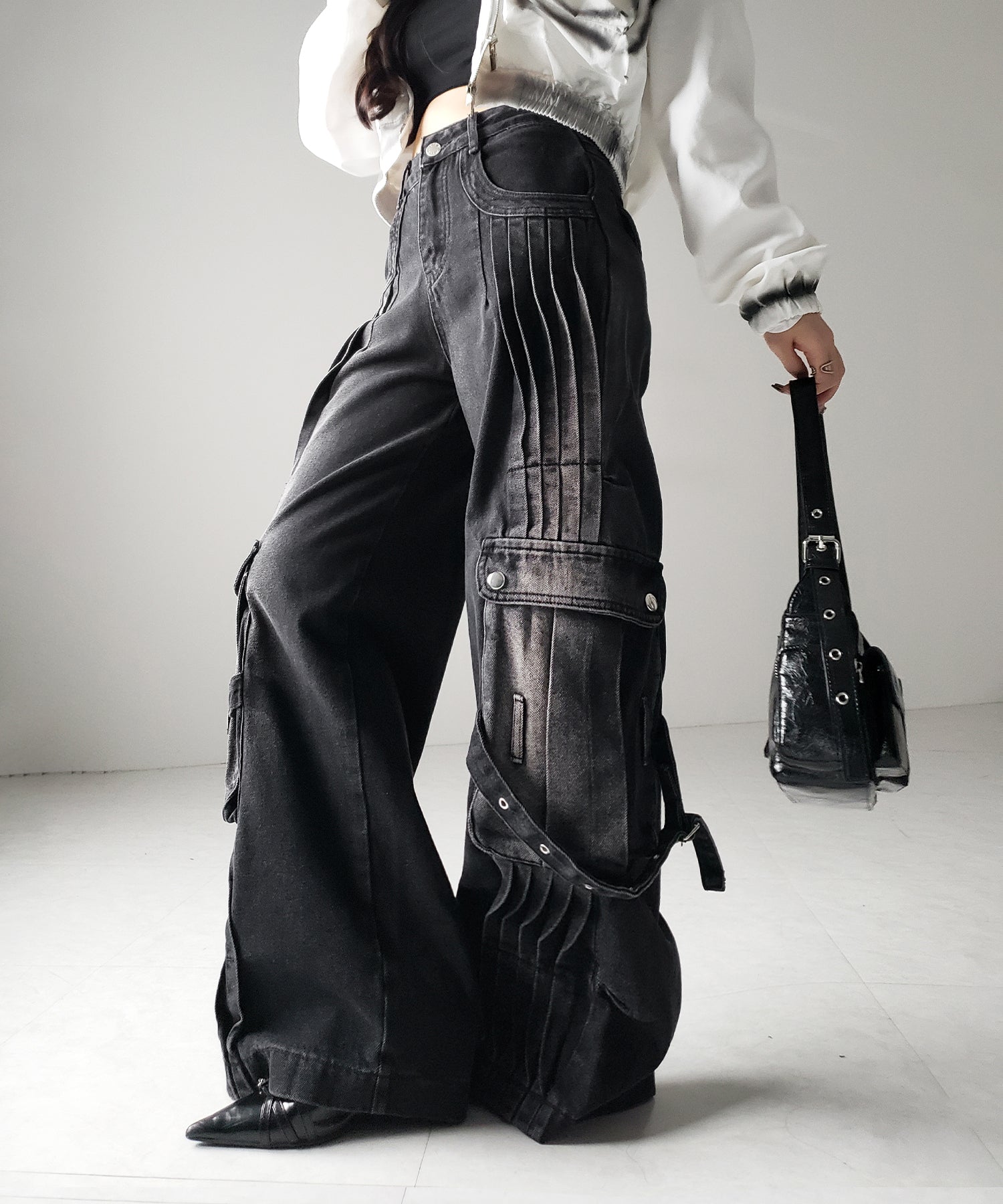 【 ４size 】カーゴプリーツブラックヴィンテージワイドデニム ／cargo pleated black vintage wide denim