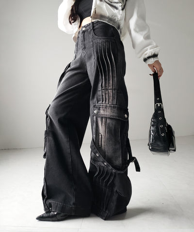 【 ４size 】カーゴプリーツブラックヴィンテージワイドデニム ／cargo pleated black vintage wide denim