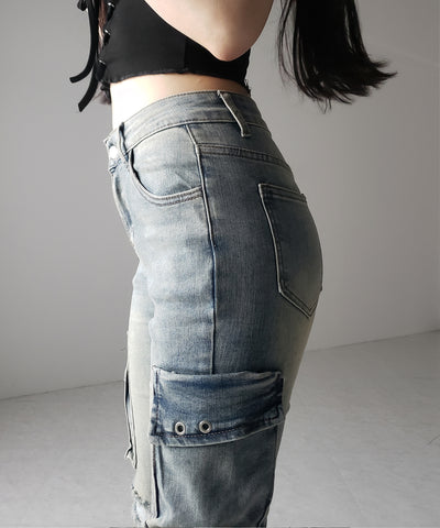 【 ２color ／ ４size 】カーゴデザインヴィンテージライクダメージストレッチフレアデニム ／ cargo design vintage-like damage stretch flare denim