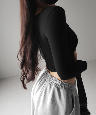 【 ２color 】ダブルジップコルセットスクエアネックロンＴ ／ double zip corset square neck longsleeve T-Shirt