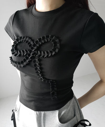 【 ３color 】フリルリボンモチーフスリムＴシャツ ／ frill ribbon motif slimT-shirt