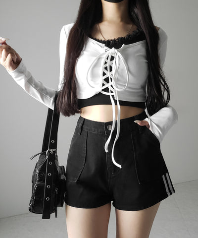 【 ２color 】サイドラインハイウエストデニムショートパンツ ／ sideline highwaist denim short pants