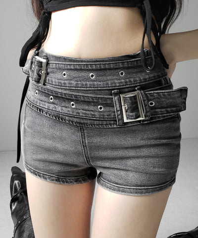 ダブルベルテッドマイクロミニデニムショートパンツ ／ double belted micro mini denim short pants