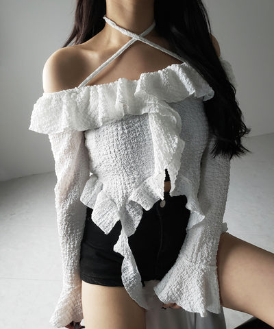 【 ２color 】クロスストラップリボンオフショルダーフリルブラウス ／ cross strap ribbon off shoulder frill blouse