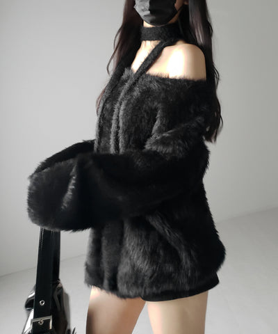 【 ２color 】チョーカータイ付きルーズシャギーニット ／ choker tie set loose shaggy knit
