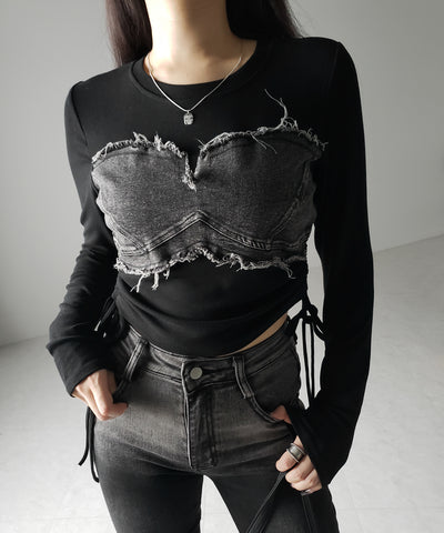 【 ２color 】サイドリボンダメージデニムドッキングＴシャツ ／ side ribbon damage denim docking Tee