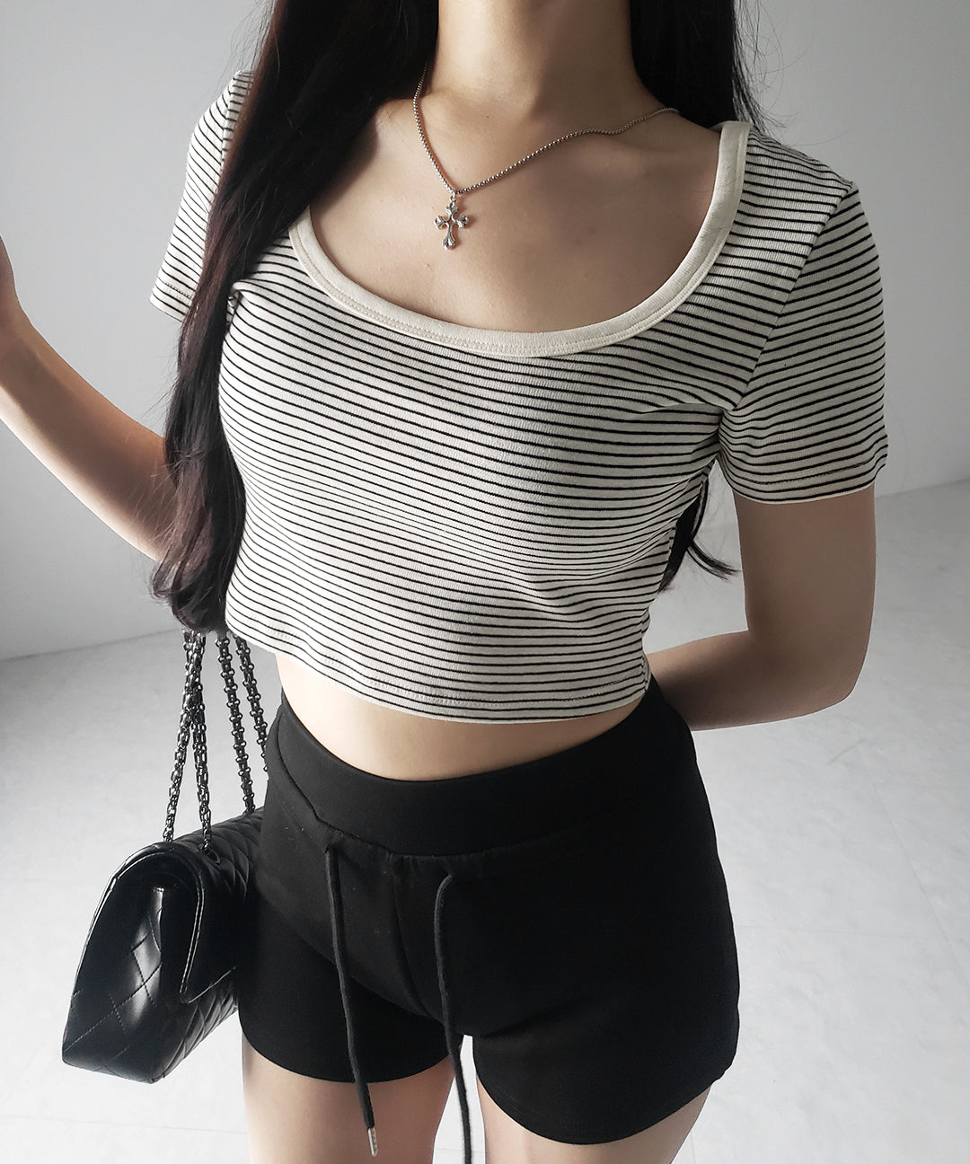 【 ２color 】ピンボーダースクエアネックショートＴシャツ ／ pin border square neck short T-shirt