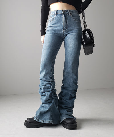 ヘムシャーリングギャザーストレッチフレアパンツ ／ Hem shirring gather stretch flare pants