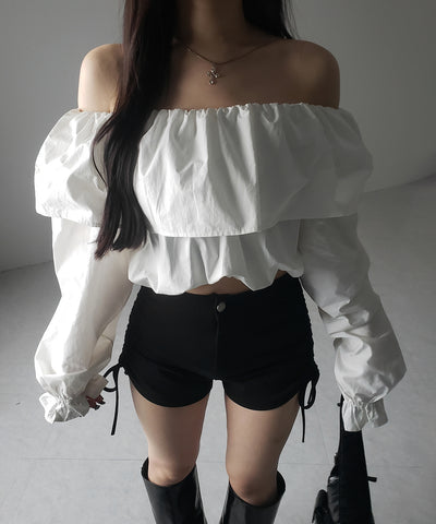 【 ２color 】オフショルダーフリルショートブラウス ／off shoulder frill short blouse