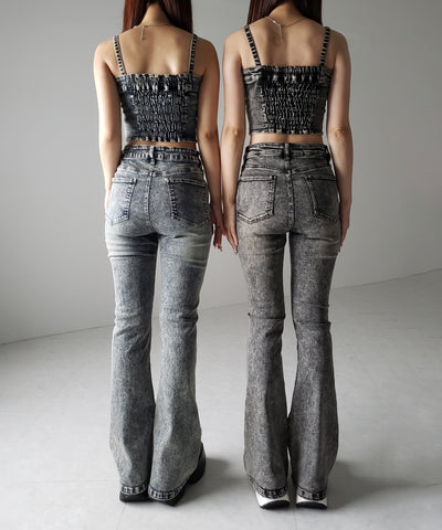 【 セットアップ 】ヴィンテージライクデニムビスチェ ＋ ストレッチフレアデニム SET ／ 【 SET UP 】 vintage like denim bustier + stretch flare denim