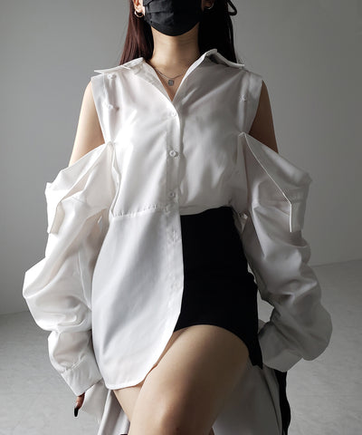 【 ３color 】オープンショルダーカットアウトビッグシャツ ／ open shoulder cutout big shirt