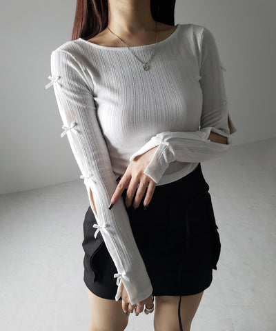 【 ２color 】ミニリボンカットアウト長袖カットソートップス